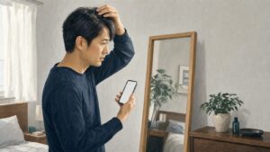 鏡の前で頭頂部を気にするアラフォー男性