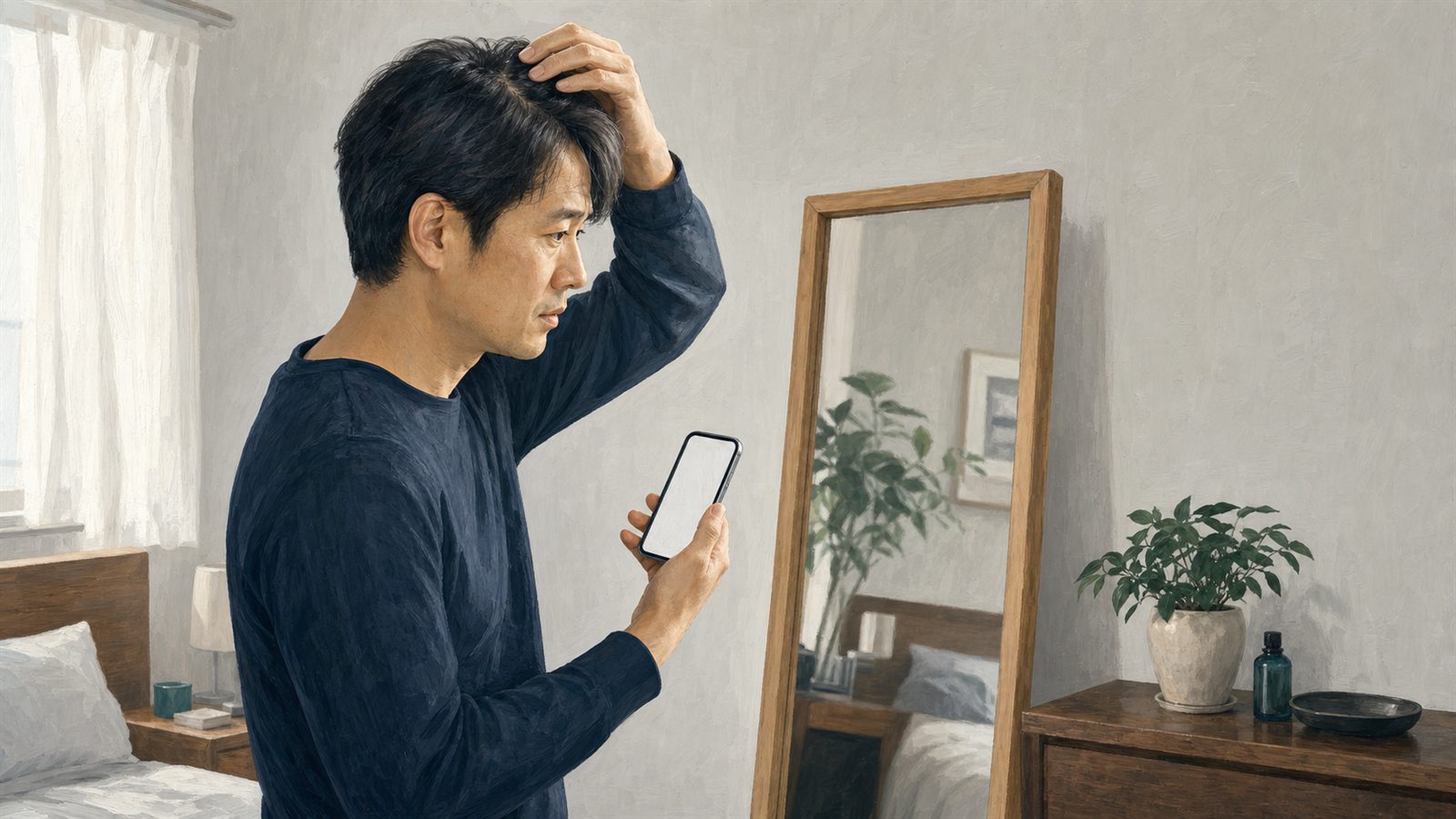 鏡の前で頭頂部を気にするアラフォー男性