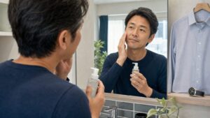 洗面所でHOLO BELL保湿ジェルを手に取る男性