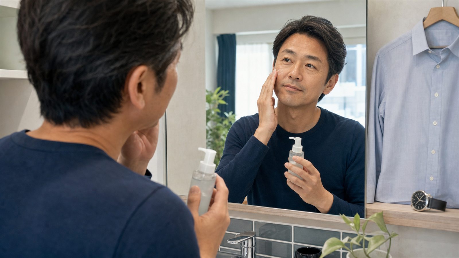洗面所でHOLO BELL保湿ジェルを手に取る男性