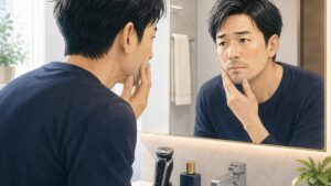 鏡でヒゲの濃さを確認するアラフォー男性のイラスト