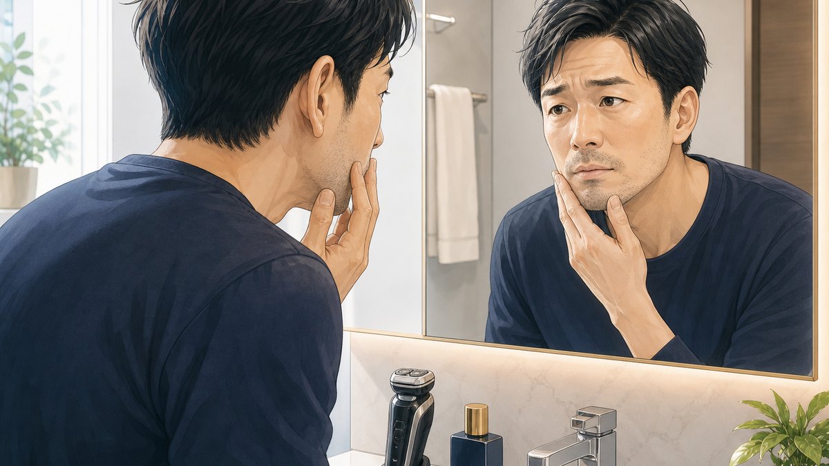 鏡でヒゲの濃さを確認するアラフォー男性のイラスト