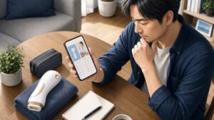 家庭用脱毛器を比較するアラフォー男性のイラスト