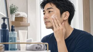 洗面台でスキンケアをするアラフォー男性のイラスト