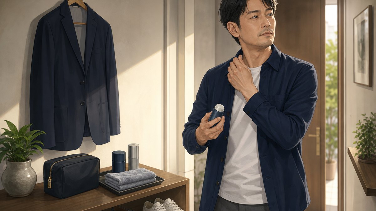 外出前にニオイ対策を確認する男性のイラスト