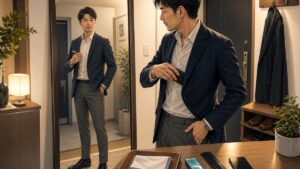 外出前の身だしなみを整える男性のイラスト