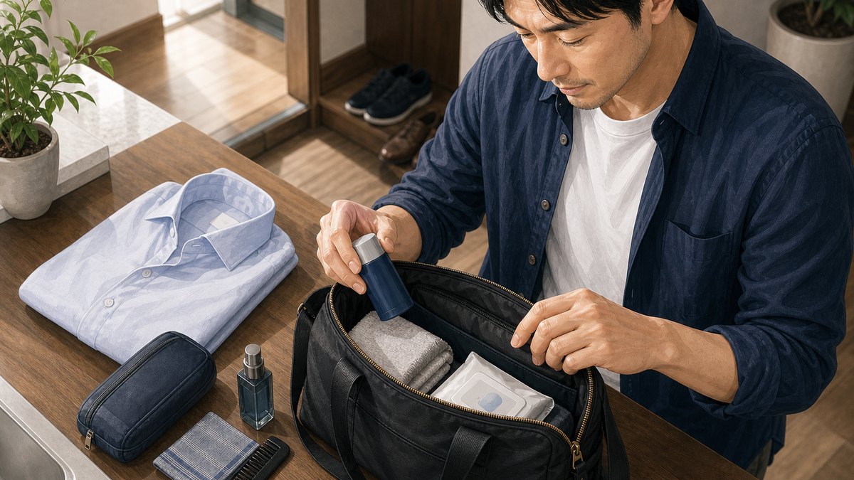 汗とニオイ対策の持ち物をバッグに入れる男性のイラスト