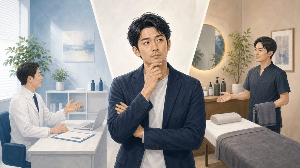 医療脱毛とサロン脱毛を比較する男性のイラスト