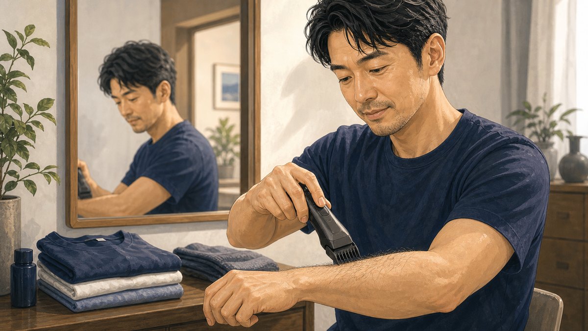 減毛目的で体毛を整える男性のイラスト