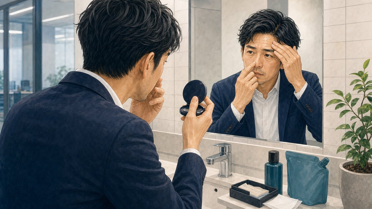 顔のテカリを鏡で確認する男性のイラスト