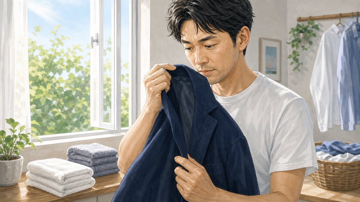 衣類のニオイを自己チェックする男性のイラスト
