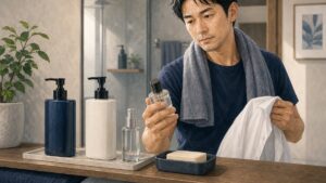 香水前に体臭ケアを整える男性のイラスト