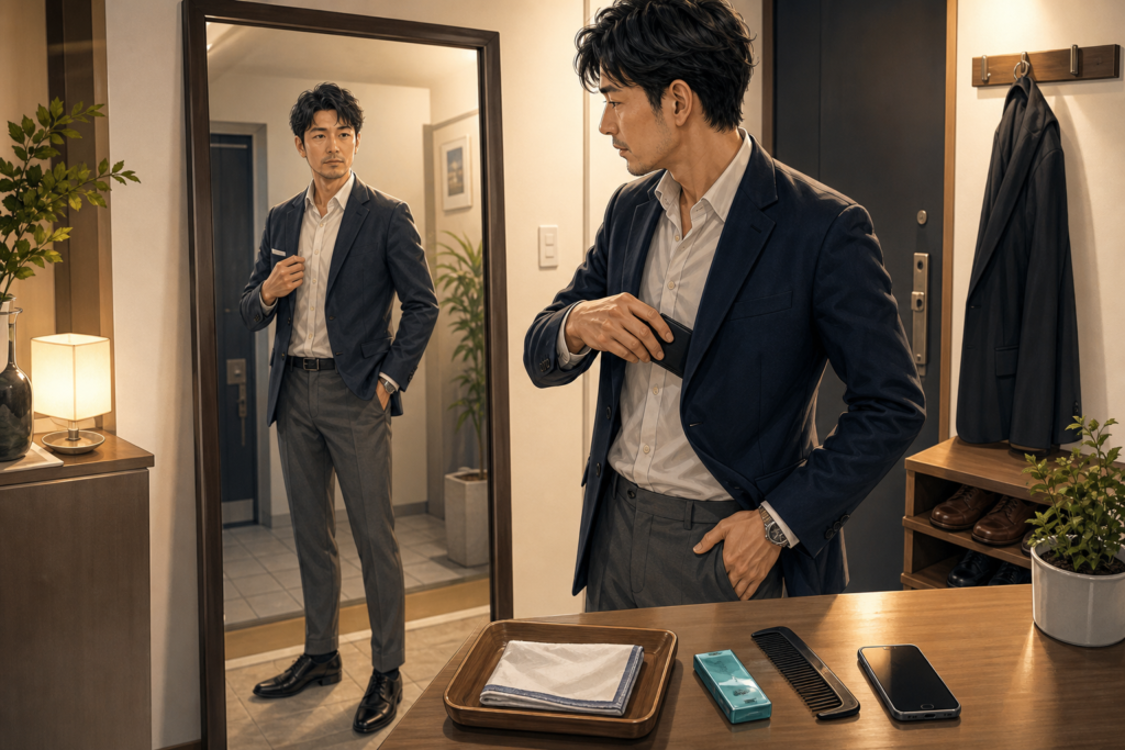 会う前の身だしなみを確認する男性のイラスト