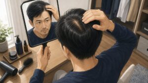 AGA相談前に髪の状態を確認する男性のイラスト