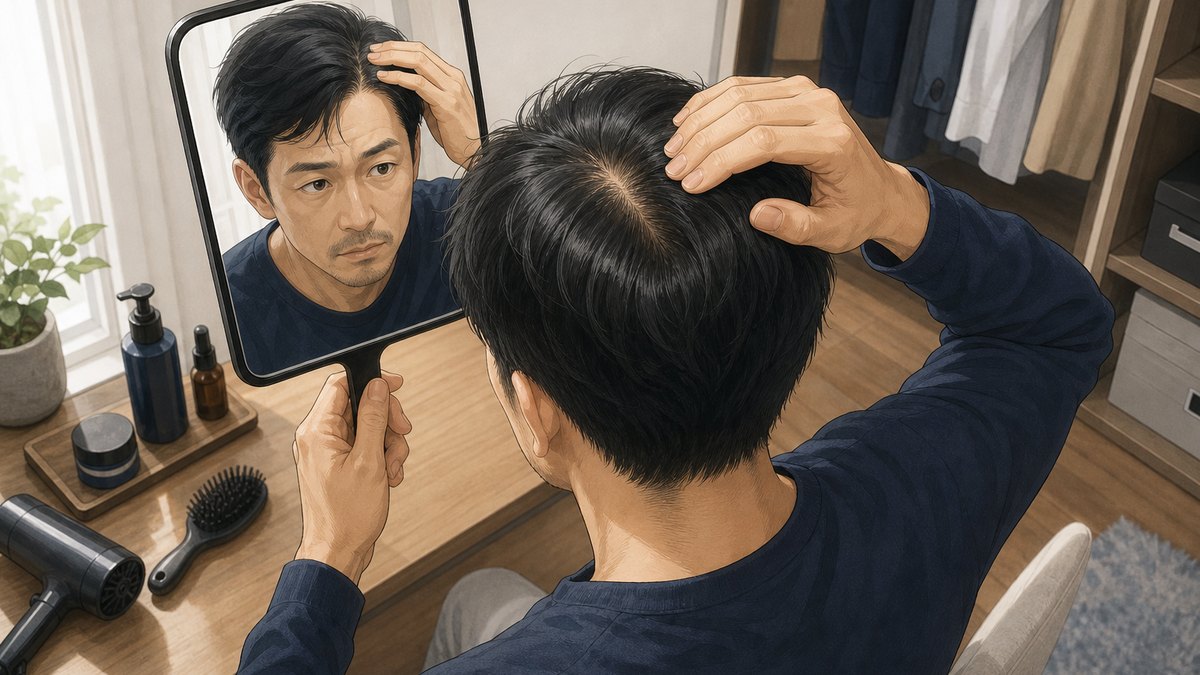 AGA相談前に髪の状態を確認する男性のイラスト