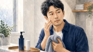 乾燥肌を確認する男性のイラスト