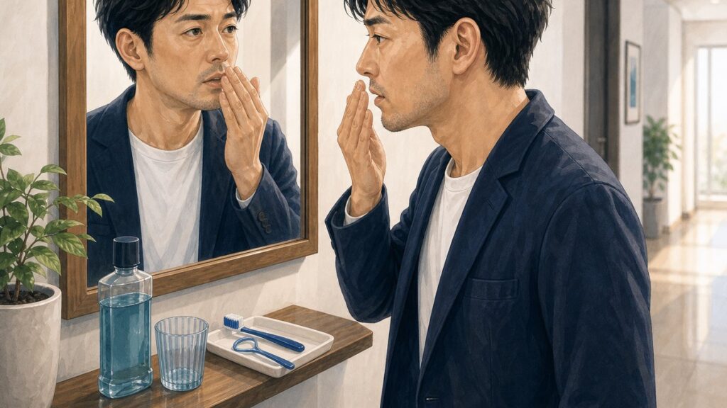 口臭ケアを確認する男性のイラスト