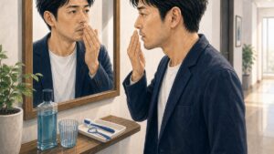 口臭ケアを確認する男性のイラスト