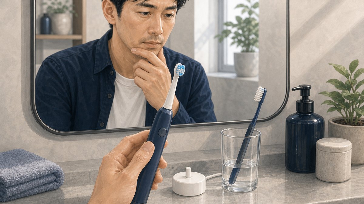 電動歯ブラシを選ぶ男性のイラスト
