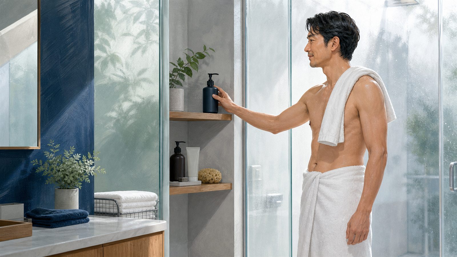 入浴前にNULL薬用ボディウォッシュを確認する男性