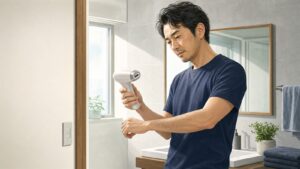 洗面台でUlike Air 10 Maxを確認するアラフォー男性